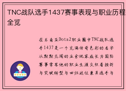 TNC战队选手1437赛事表现与职业历程全览